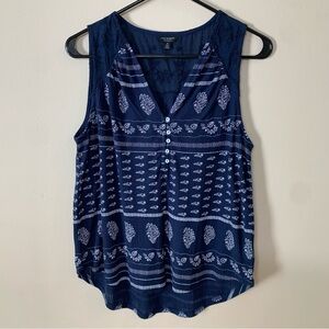 Lucky Brand Sleeveless Navy and White Top w/ Back Yoke Embroidery, Medium, EUC